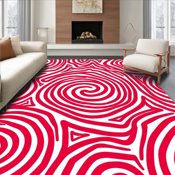 ODIKA 4'x6' Machine Washable Non-Slip Area Rug, Festive Peppermint Swirl Bath Holiday Spiral Design High Traffic Rug, Red, 733293