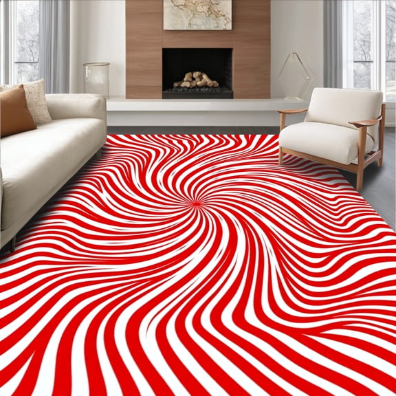 ODIKA 4'x6' Machine Washable Non-Slip Area Rug, Festive Peppermint Swirl Holiday Bathroom High Traffic Rug, Red, 623456