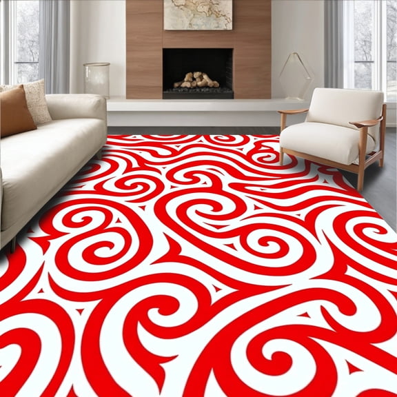 ODIKA 4'x6' Machine Washable Non-Slip Area Rug, Festive Peppermint Whirlwind Swirl Holiday Accent High Traffic Rug, Red, 623447
