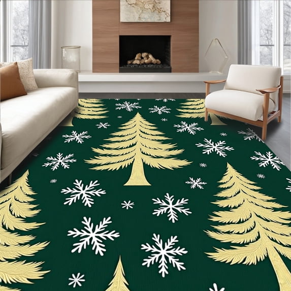ODIKA 4'x6' Machine Washable Non-Slip Area Rug, Festive Pine Tree Snowflake Half Moon Anti Slip Semi Circle High Traffic Rug with Pad, Green, 617643