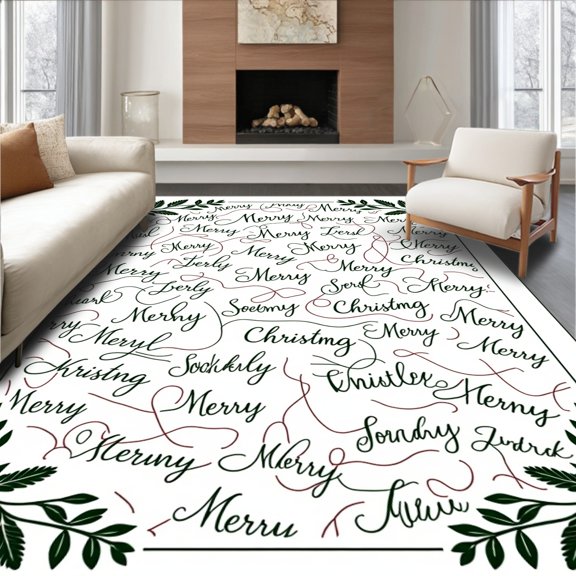 ODIKA 4'x6' Machine Washable Non-Slip Area Rug, Festive Scripted Merry Design with Interlocking Evergreen Branches High Traffic Rug with Pad, Green, 638554