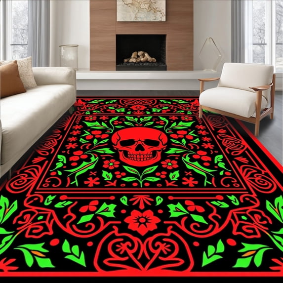 ODIKA 4'x6' Machine Washable Non-Slip Area Rug, Festive Skull and Holly Interlocking with Nordic Winter Motifs High Traffic Rug, Black, 641632