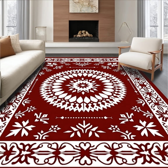 ODIKA 4'x6' Machine Washable Non-Slip Area Rug, Festive Snowburst Medallion with Nordic Motifs High Traffic Rug, Red, 475948
