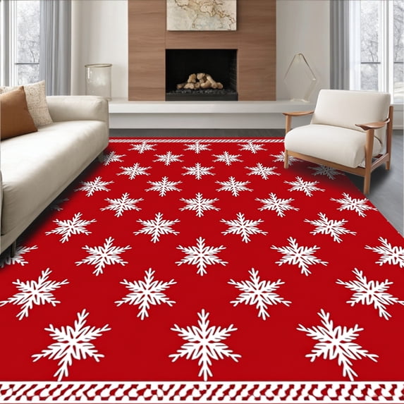 ODIKA 4'x6' Machine Washable Non-Slip Area Rug, Festive Snowflake Holiday with Intricate Winter Design High Traffic Rug with Pad, Red, 611492