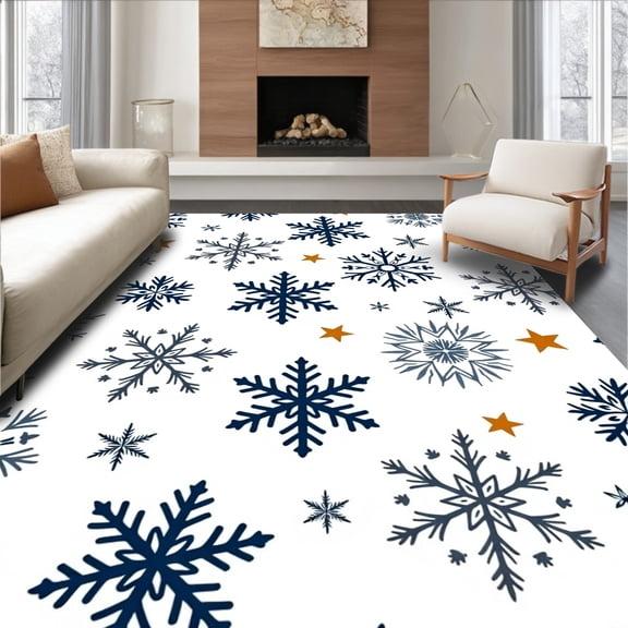 ODIKA 4'x6' Machine Washable Non-Slip Area Rug, Festive Snowflake Mosaic with Holiday Accents High Traffic Rug, White, 735711