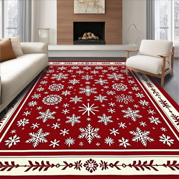 ODIKA 4'x6' Machine Washable Non-Slip Area Rug, Festive Snowflake Winter Holiday Joyful Hearth Celebration High Traffic Rug with Pad, Red, 629902
