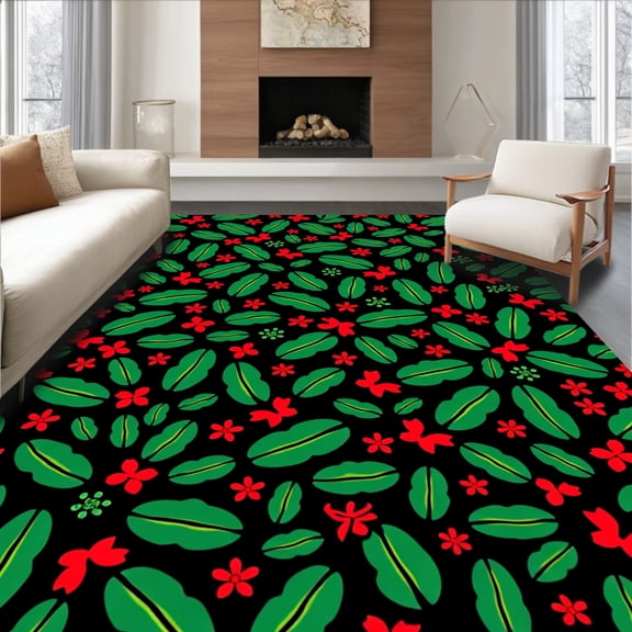ODIKA 4'x6' Machine Washable Non-Slip Area Rug, Festive Spotted Cattle Motif Interlocking Patterned Christmas Design High Traffic Rug, Black, 642819