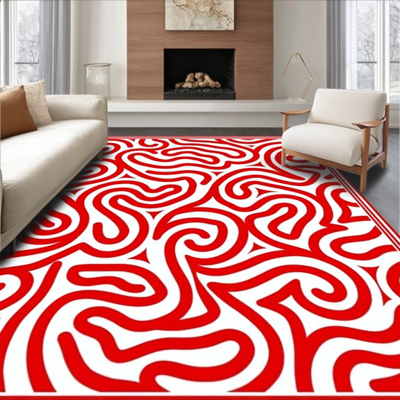 ODIKA 4x6 Machine Washable Non-Slip Area Rug, Festive Swirl DIY Latch Hook High Traffic Rug, Red, 647097