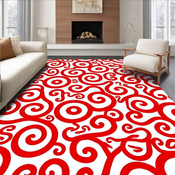 ODIKA 4'x6' Machine Washable Non-Slip Area Rug, Festive Swirl Latch Hook DIY Project High Traffic Rug, Red, 647079