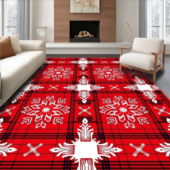 ODIKA 4'x6' Machine Washable Non-Slip Area Rug, Festive Tartan Checkered with Nordic Snowflake Motifs High Traffic Rug with Pad, Red, 508411