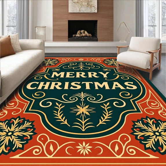 ODIKA 4'x6' Machine Washable Non-Slip Area Rug, Festive Typography with Elegant Swirls and Snowflake Embellishments High Traffic Rug with Pad, Red, 625439