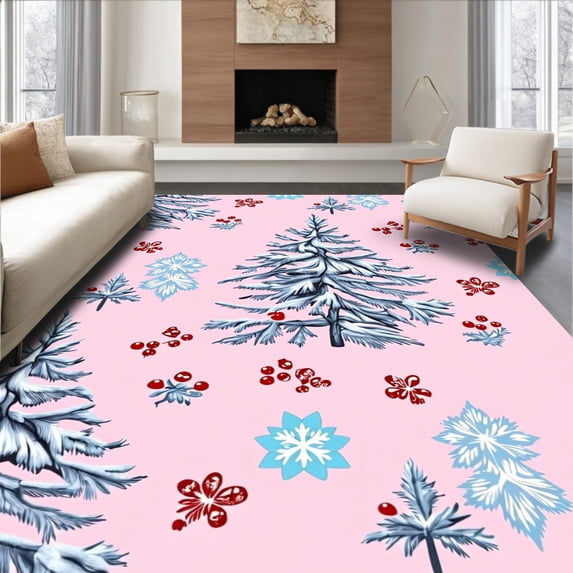 ODIKA 4'x6' Machine Washable Non-Slip Area Rug, Festive Winter Woodland Scene Latch Hook High Traffic Rug, Pink, 644188