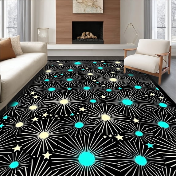ODIKA 4'x6' Machine Washable Non-Slip Area Rug, Firework Display Bohemian Eclectic Decorative Textile High Traffic Rug, Black, 661512