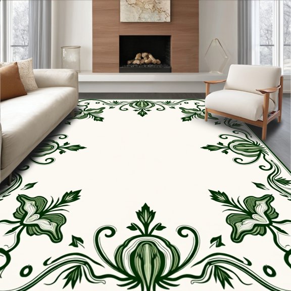 ODIKA 4x6 Machine Washable Non-Slip Area Rug, Fleur Scrollwork Victorian Foliate Design High Traffic Rug, Green, 451617