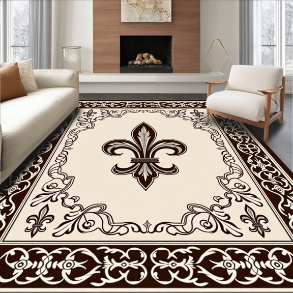 ODIKA 4x6 Machine Washable Non-Slip Area Rug, Fleur de Motif with Intertwined Baroque Filigree High Traffic Rug, Ivory, 491661