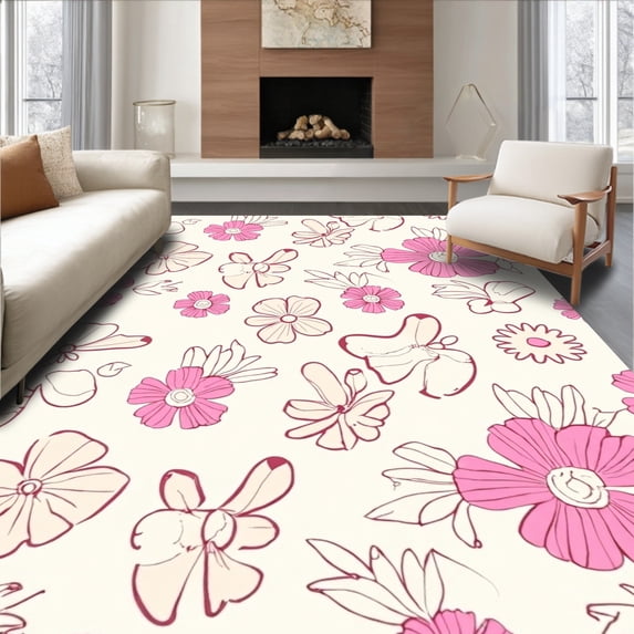 ODIKA 4'x6' Machine Washable Non-Slip Area Rug, Floral Abstract Hallway High Traffic Rug with Pad, Pink, 339327