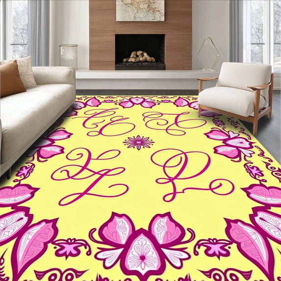 ODIKA 4'x6' Machine Washable Non-Slip Area Rug, Floral Alphabet Mosaic with Curved and Petal Embellishments High Traffic Rug, Yellow, 688807