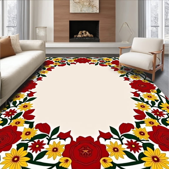 ODIKA 4'x6' Machine Washable Non-Slip Area Rug, Floral Bouquet Latch Hook Pillow Kit Festive Needlecraft Yarn Project High Traffic Rug, Red, 608977