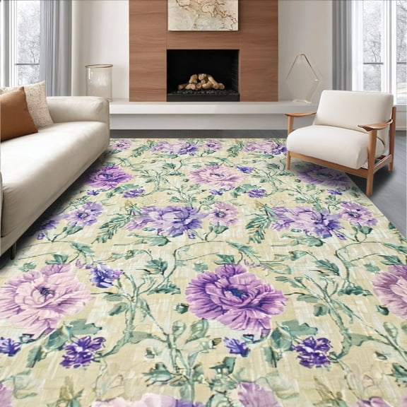 ODIKA 4'x6' Machine Washable Non-Slip Area Rug, Oval Floral Entry Miniature Tiny Accent High Traffic Rug, Beige, 120467