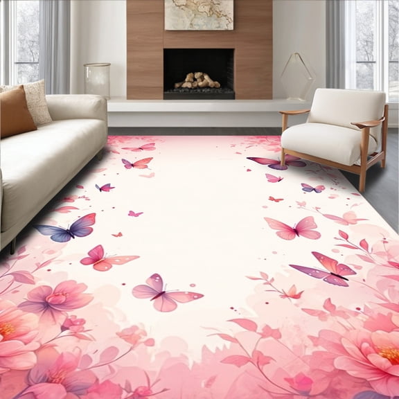ODIKA 4'x6' Machine Washable Non-Slip Area Rug, Dreamy Flutter With Elegant Winged Creatures Art Design High Traffic Rug, Pink, 200759