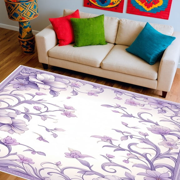 ODIKA 4'x6' Machine Washable Non-Slip Area Rug, Whimsical Twisted Floral Design with Curves and Delicate Hues High Traffic Rug, Purple, 275354