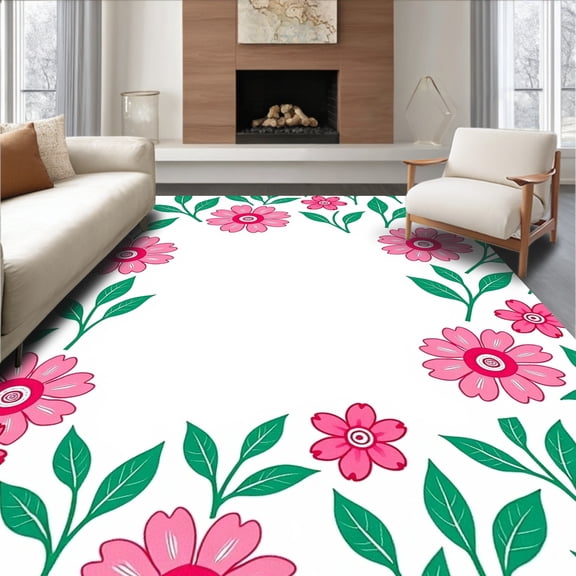ODIKA 4'x6' Machine Washable Non-Slip Area Rug, Floral Leaf Latch Hook Pillow Cushion Needlework Yarn High Traffic Rug, Pink, 642759