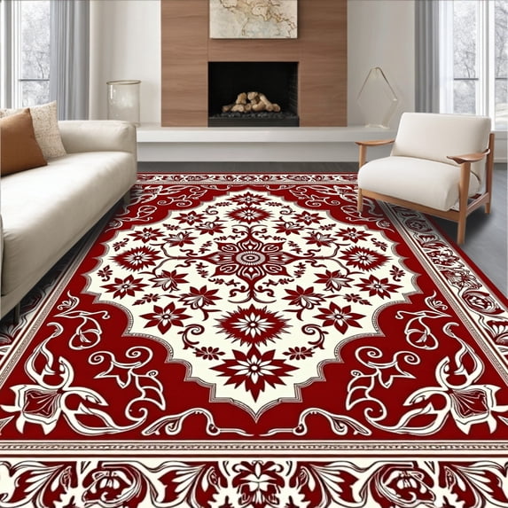 ODIKA 4'x6' Machine Washable Non-Slip Area Rug, Floral Medallion Heritage Pathway Ornamental High Traffic Rug with Pad, Red, 665387