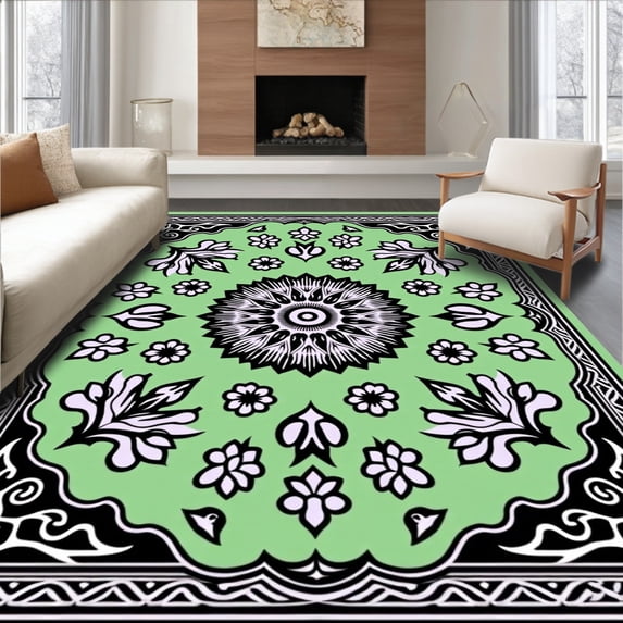 ODIKA 4'x6' Machine Washable Non-Slip Area Rug, Floral Medallion with Interlocking Petal Motifs and Filigree Borders High Traffic Rug, Green, 701647