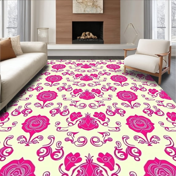 ODIKA 4'x6' Machine Washable Non-Slip Area Rug, Floral Medallion with Ornate Swirls and Classic Motifs High Traffic Rug, Pink, 598203