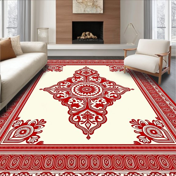 ODIKA 4'x6' Machine Washable Non-Slip Area Rug, Floral Motif with Lattice Filigree High Traffic Rug, Red, 665889