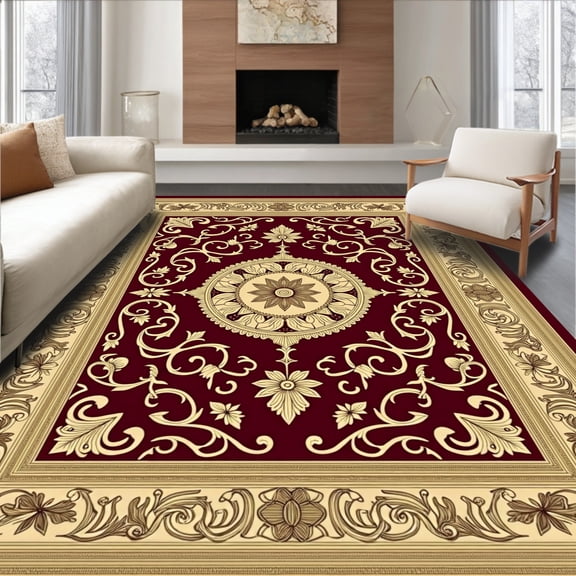 ODIKA 4'x6' Machine Washable Non-Slip Area Rug, Floral Vine Scroll Oval High Traffic Rug, Red, 666247
