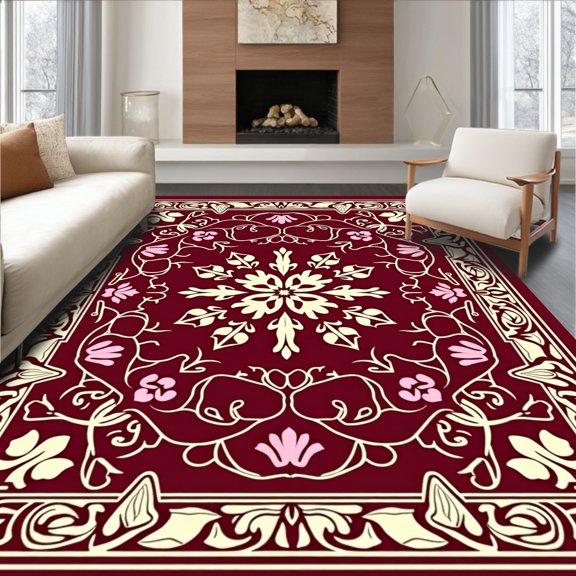 ODIKA 4'x6' Machine Washable Non-Slip Area Rug, Floral Vinework with Intertwined Petal Details High Traffic Rug, Red, 476504