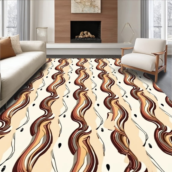 ODIKA 4'x6' Machine Washable Non-Slip Area Rug, Flowing Stripes with Earthy Neutral Palette High Traffic Rug, Beige, 383925