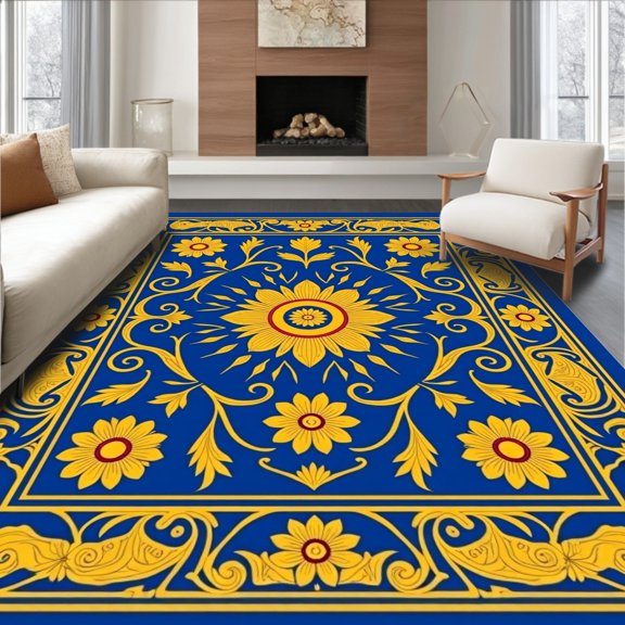 ODIKA 4'x6' Machine Washable Non-Slip Area Rug, Folk Art Flora with Vibrant Abstract Vine Motifs High Traffic Rug, Blue, 441764