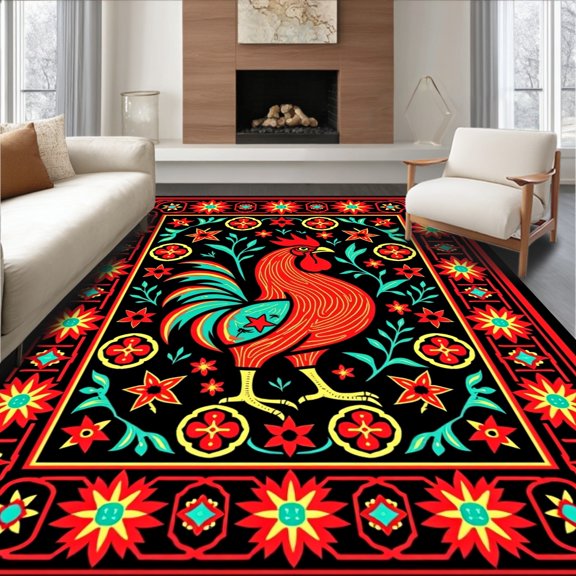 ODIKA 4'x6' Machine Washable Non-Slip Area Rug, Folk Art Rooster With Interlocking Starburst And Botanical Detailing High Traffic Rug, Red, 643103