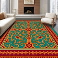thumbnail image 1 of ODIKA 4'x6' Machine Washable Non-Slip Area Rug, Folk Art Scrollwork with Emerald and Burnt Orange Accents High Traffic Rug with Pad, Blue, 556878, 1 of 8