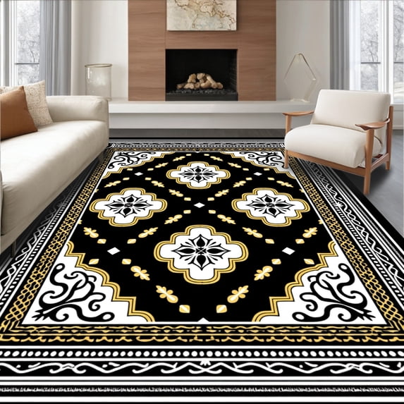 ODIKA 4'x6' Machine Washable Non-Slip Area Rug, Folk Art Spotted with Ornate Interlocking Detailing High Traffic Rug, Black, 614008