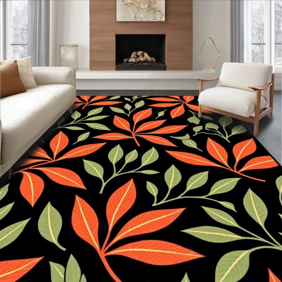 ODIKA 4'x6' Machine Washable Non-Slip Area Rug, Forest Canopy Foliage Design with Interlocking Autumn Leaves High Traffic Rug, Black, 511570
