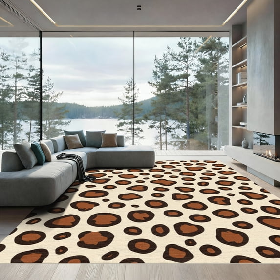 ODIKA 4'x6' Machine Washable Non-Slip Area Rug, Frontier Authentic Spotted Patchwork High Traffic Rug with Pad, Beige, 914294