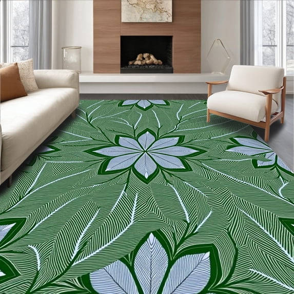ODIKA 4'x6' Machine Washable Non-Slip Area Rug, Frosted Evergreen Branches and Stylized Flake Array Design High Traffic Rug with Pad, Green, 655826
