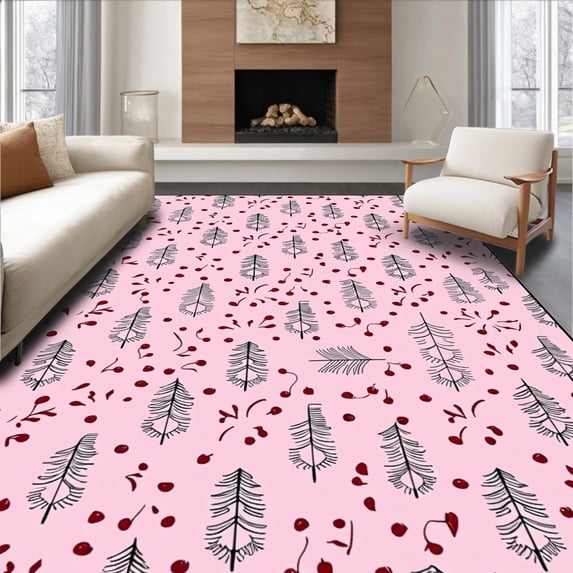 ODIKA 4'x6' Machine Washable Non-Slip Area Rug, Frosted Pine Snowflake with Winter Berry Accents High Traffic Rug with Pad, Pink, 629994
