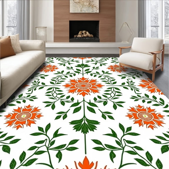 ODIKA 4'x6' Machine Washable Non-Slip Area Rug, Frosted Swirl With Pumpkin Sprigs And Festive Floral Medallion High Traffic Rug, White, 740528