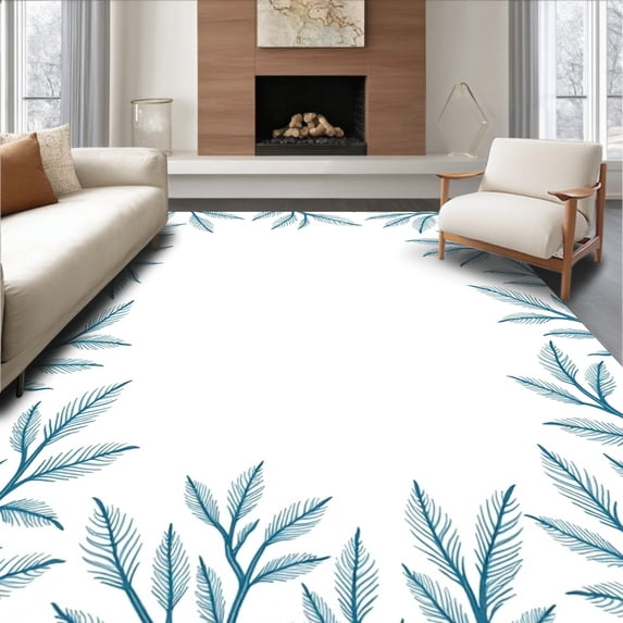 ODIKA 4'x6' Machine Washable Non-Slip Area Rug, Frosty Botanical Wreath Tree Skirt with Swirling Winter Branch High Traffic Rug, Blue, 740818