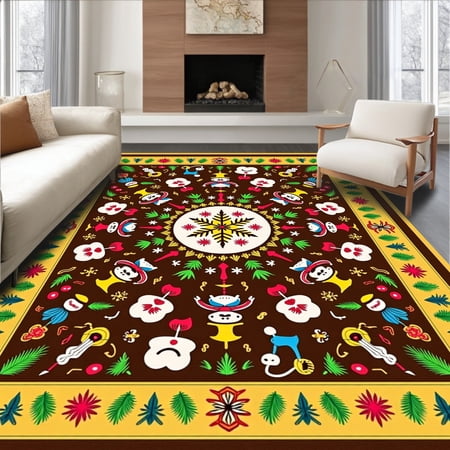 ODIKA 4'x6' Machine Washable Non-Slip Area Rug, Frosty Friends Seasonal Greeting Enchanted Wonderland High Traffic Rug, Brown, 622784