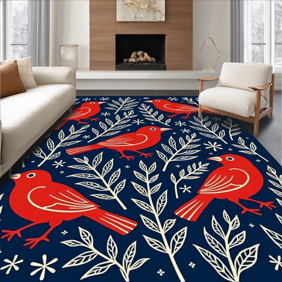 ODIKA 4'x6' Machine Washable Non-Slip Area Rug, Frosty Meadow Songbird Joyful Celebration Platform High Traffic Rug with Pad, Red, 631480