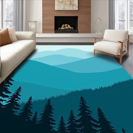 ODIKA 4'x6' Machine Washable Non-Slip Area Rug, Frosty Mountain Landscape Vista Panoramic Horizon High Traffic Rug, Blue, 452122