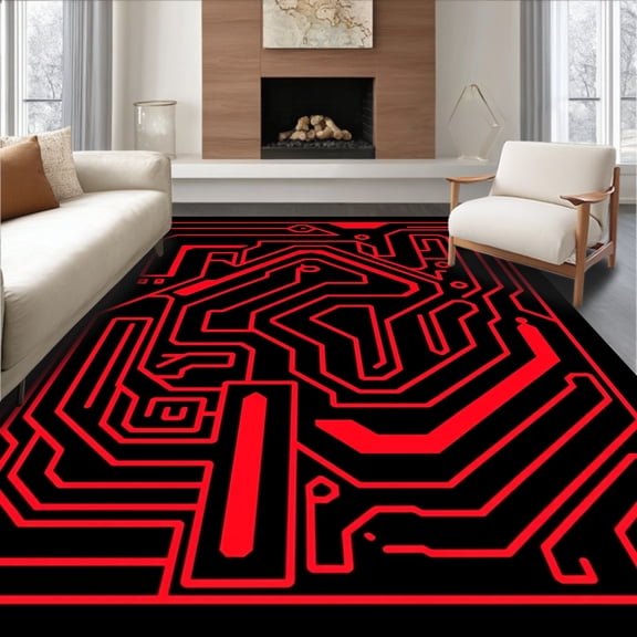 ODIKA 4'x6' Machine Washable Non-Slip Area Rug, Futuristic Digital Maze Virtual Reality Labyrinth Graphic High Traffic Rug, Black, 594665