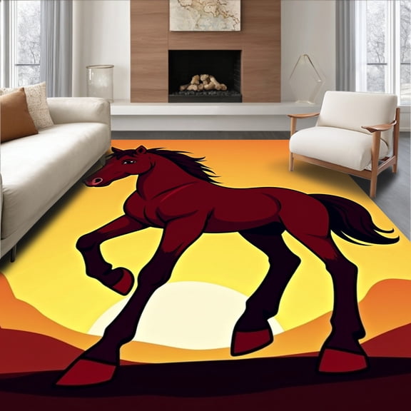 ODIKA 4'x6' Machine Washable Non-Slip Area Rug, Galloping Stallion Latch Hook Needlework Cushion High Traffic Rug, Brown, 642945