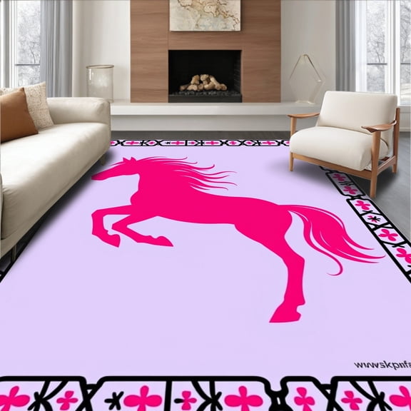 ODIKA 4'x6' Machine Washable Non-Slip Area Rug, Galloping Steed Latch Hook Canvas High Traffic Rug, Pink, 635410