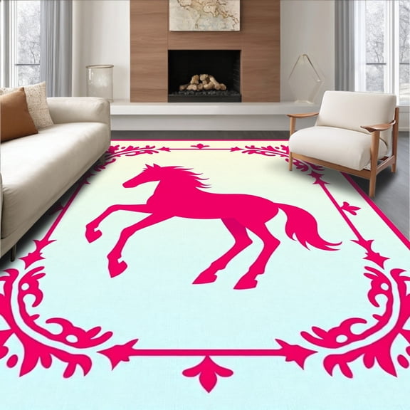 ODIKA 4'x6' Machine Washable Non-Slip Area Rug, Galloping Steed Latch Hook Needlework Canvas High Traffic Rug, Pink, 635392